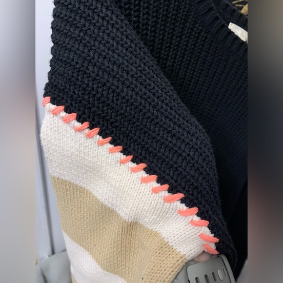 Lisa Todd Contrast Knit Stripe Sleeve Sweater Black Boxy Cotton Acrylic Ribbed - Picture 3 of 10